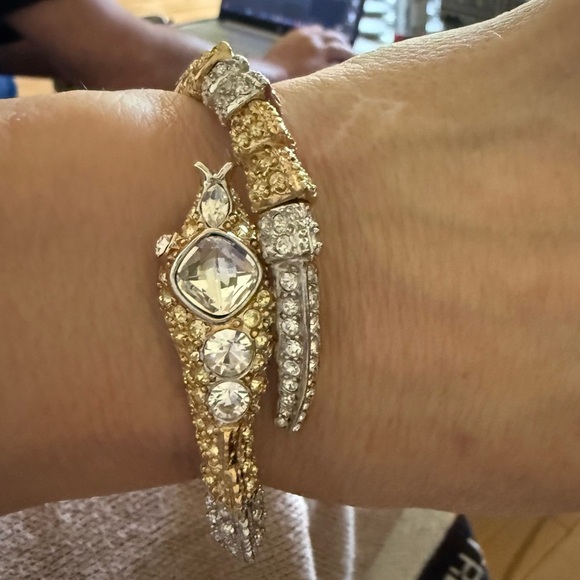 KJL (Kenneth Jay Lane) Dual-Tone Gold & Silver Crystal Snake Hinged Bangle - Picture 1 of 5